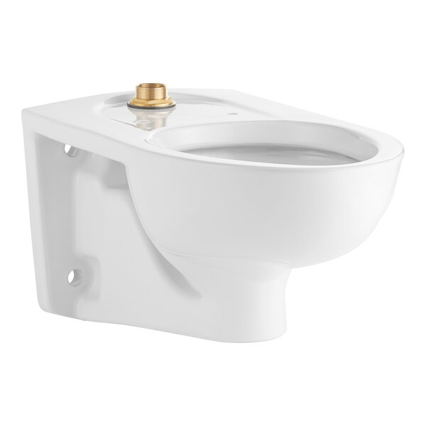 A white American Standard wall-mount flushometer toilet with a gold brass valve.