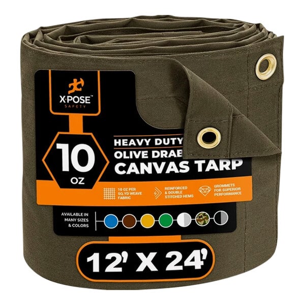 An olive drab roll of Xpose Safety heavy-duty poly canvas tarp.