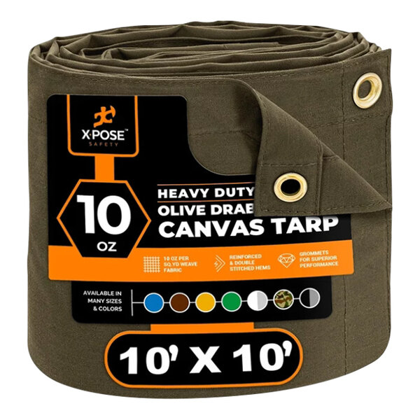 An olive drab Xpose Safety heavy-duty canvas tarp with white text that says "10' x 10'".