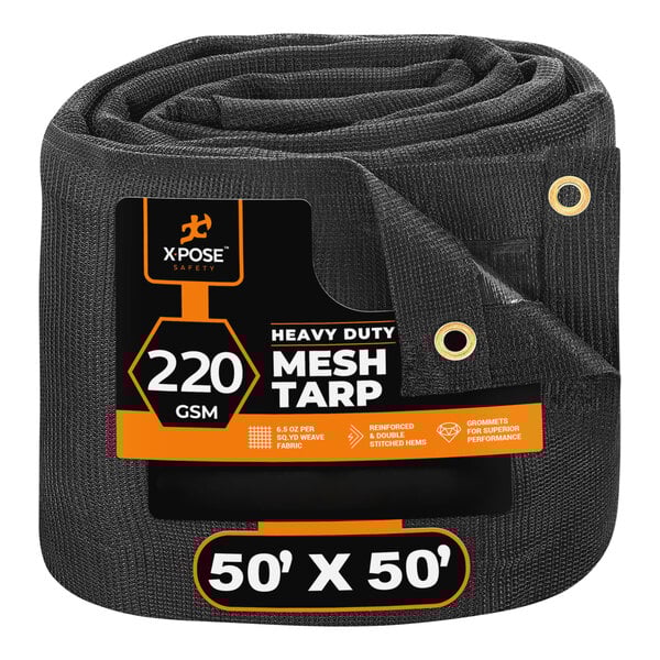 A roll of black heavy-duty mesh tarp with the words "Xpose Safety 50' x 50' Black Heavy-Duty Weatherproof 6.5 oz." printed on the packaging.