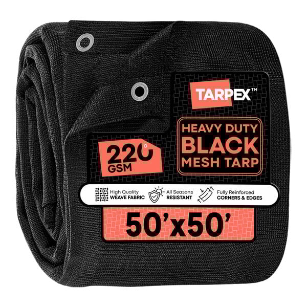 A folded black heavy-duty mesh tarp measuring 50 feet by 50 feet with reinforced corners and metal grommets.