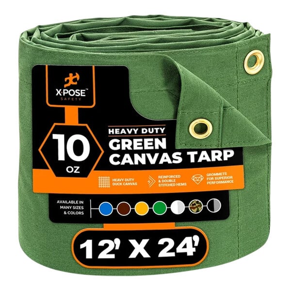 A roll of green Xpose Safety heavy-duty poly canvas tarp with a label.