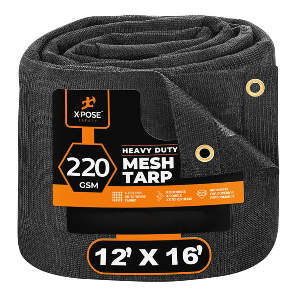 A roll of Xpose Safety black mesh tarp.