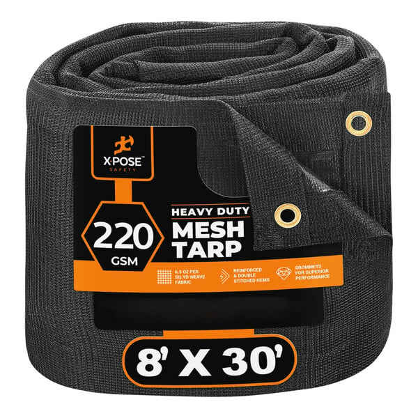 A roll of black mesh tarp with the words "Xpose Safety 8' x 30' Black Heavy-Duty Weatherproof 6.5 oz. Multipurpose Mesh Tarp" on the packaging.