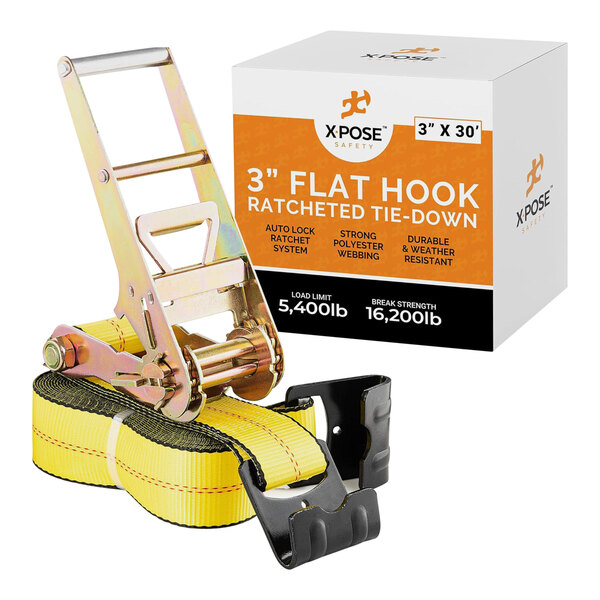A yellow Xpose Safety ratcheting tie down strap with flat hooks.