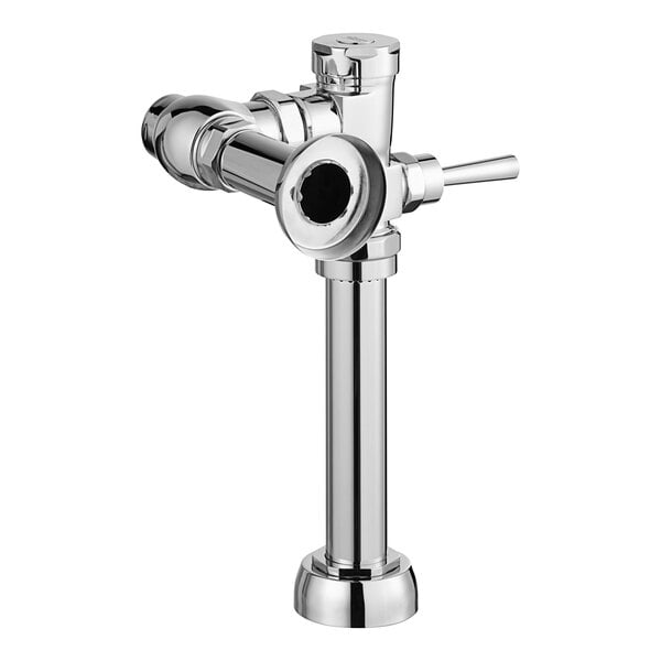 A close-up of a chrome American Standard water closet flush valve with a handle.