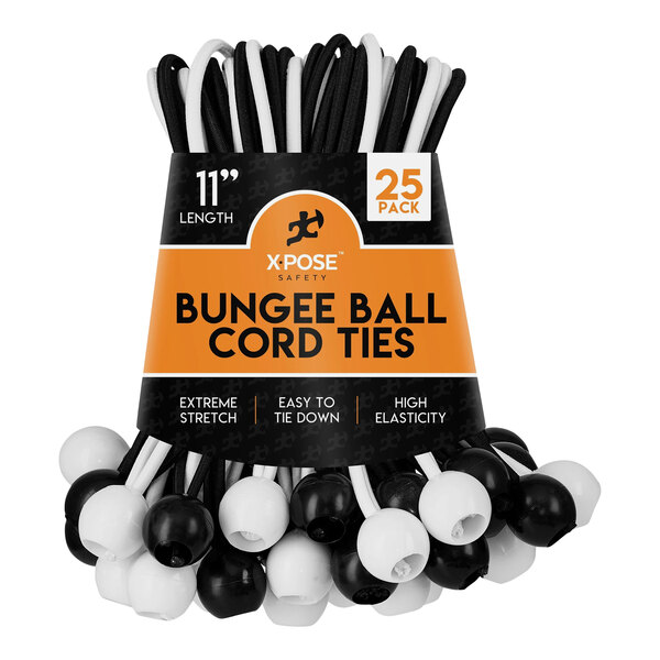 A package of 25 assorted black and white Xpose Safety bungee ball cords.