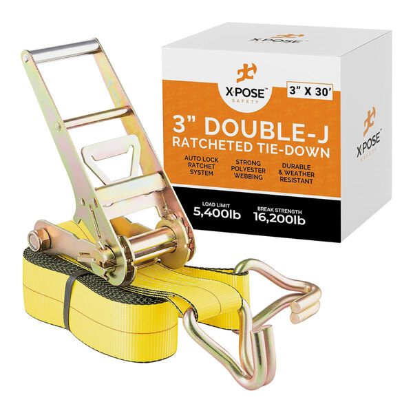 A yellow Xpose Safety ratcheting tie down strap with double J-hooks.