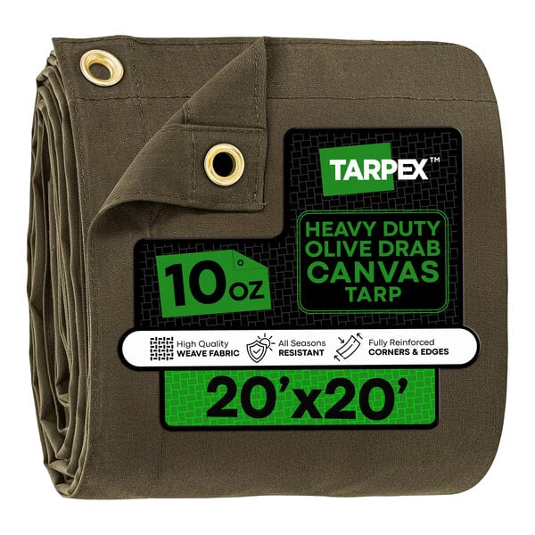 Tarpex 20' x 20' Olive Drab Heavy-Duty Weatherproof 10 oz. Poly Canvas Tarp CTOD10-TA-2020