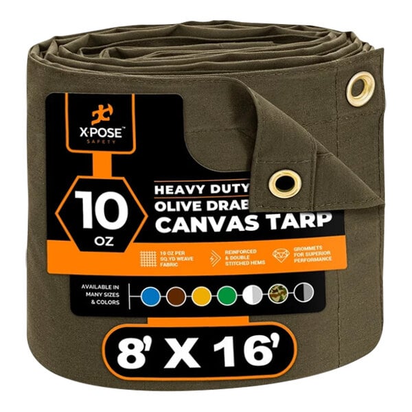 An olive drab heavy-duty weatherproof canvas tarp with white lettering on the packaging.