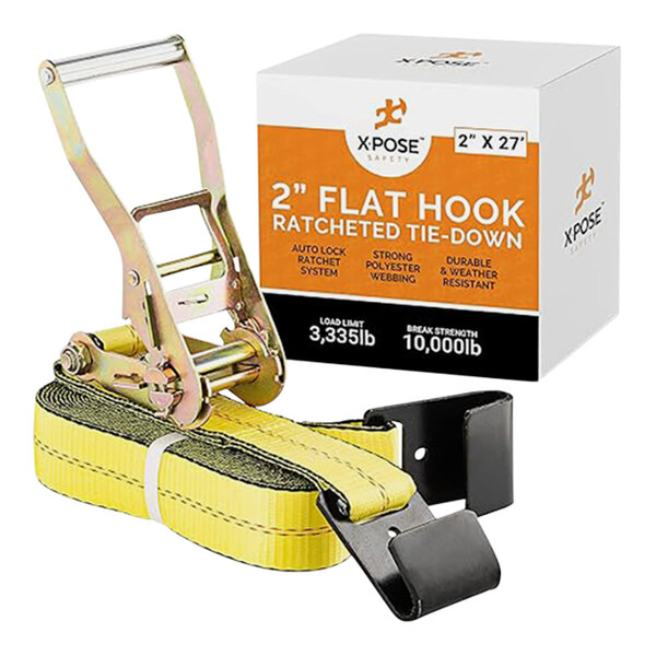 A white box with orange and black text containing a yellow Xpose Safety ratcheting tie down strap with flat hooks.