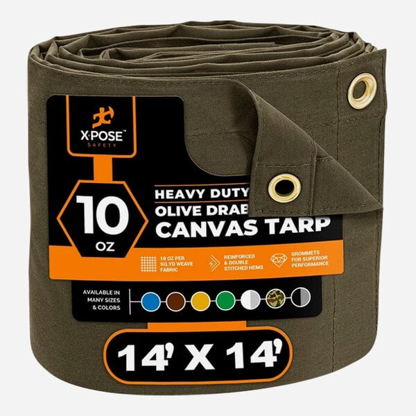 A roll of olive drab heavy-duty poly canvas tarp with Xpose Safety packaging.