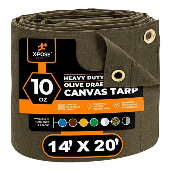 A roll of olive drab Xpose Safety heavy-duty poly canvas tarp.