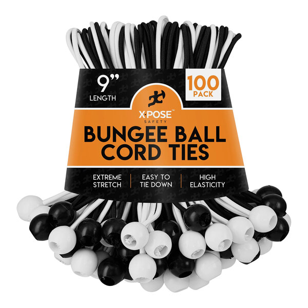 A bundle of Xpose Safety bungee ball cords with black and white stripes.