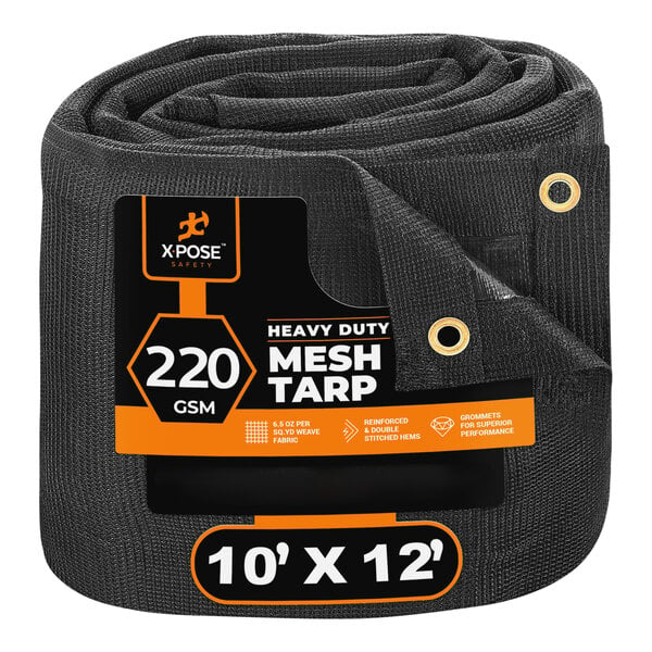 A roll of black mesh tarp with the words "mesh tarp" on the packaging.