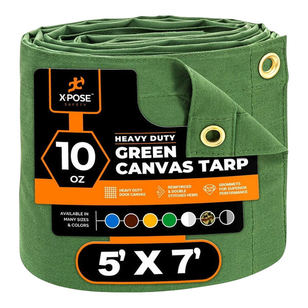 A roll of green canvas tarp with a black and white label.