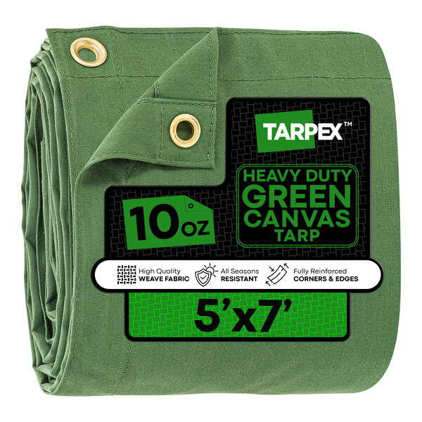 Tarpex 5' x 7' Green Heavy-Duty Weatherproof 10 oz. Poly Canvas Tarp CTG10-TA-57
