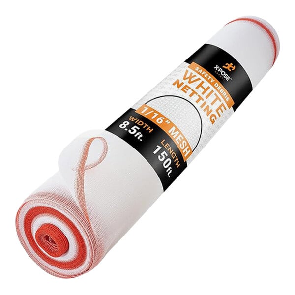 A roll of white Xpose Safety fire-retardant plastic mesh net with orange trim.