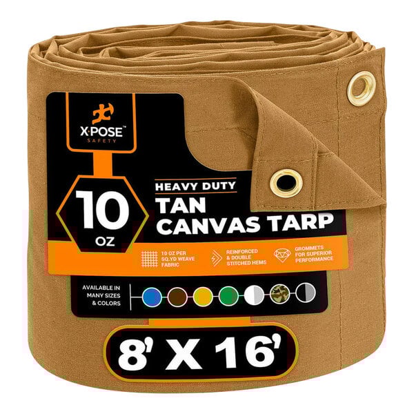 A tan Xpose Safety heavy-duty canvas tarp with a label.