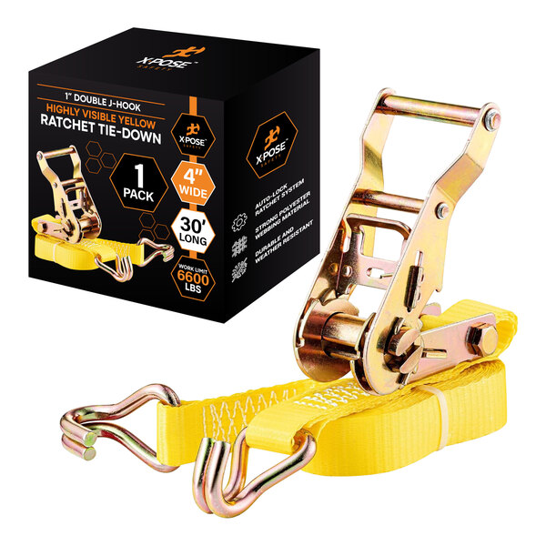 A yellow heavy-duty ratcheting tie down strap with double J-hooks and its packaging.