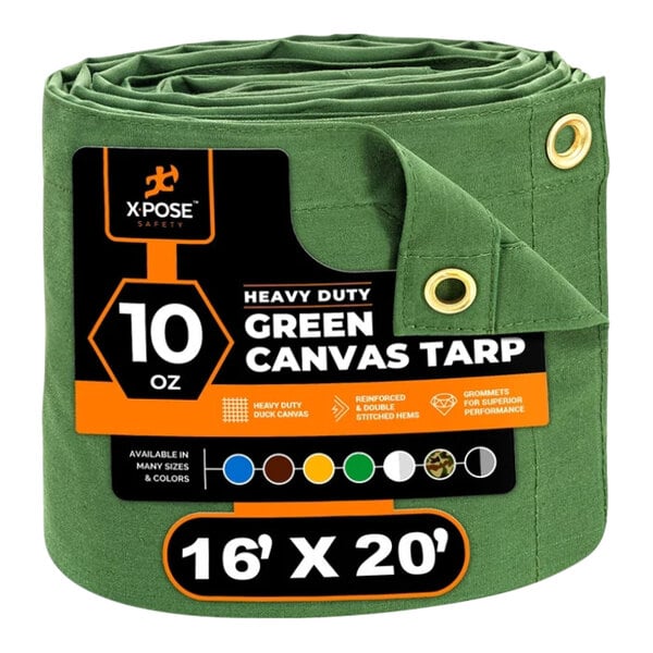 A roll of green Xpose Safety heavy-duty weatherproof canvas tarp with a black and white label.