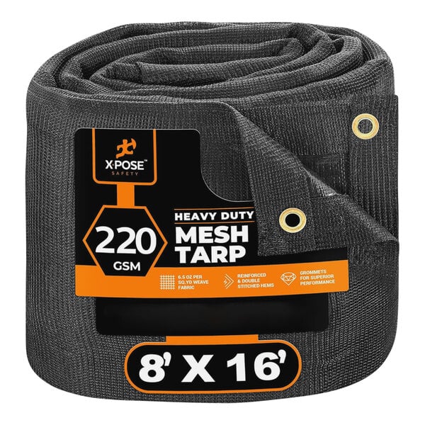 A roll of black Xpose Safety heavy-duty mesh tarp.