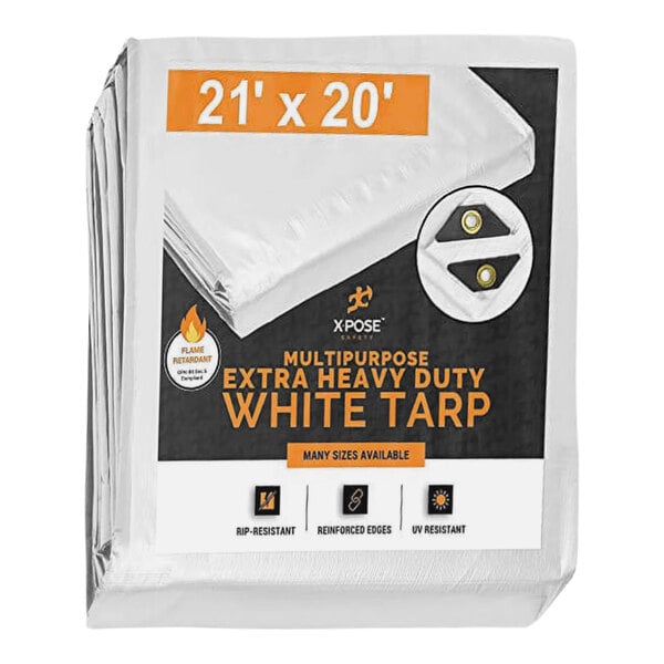 A package of Xpose Safety white heavy-duty fire-retardant polyethylene tarps.