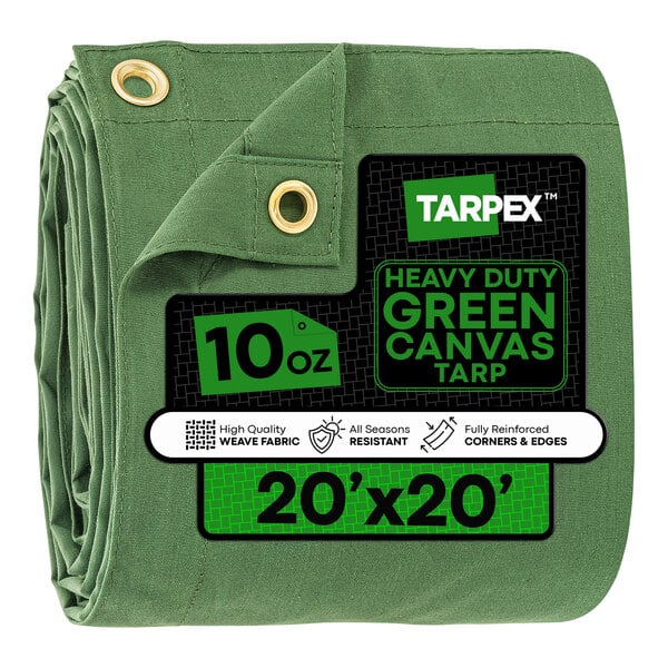A green heavy-duty 20' x 20' canvas tarp with reinforced corners and edges.