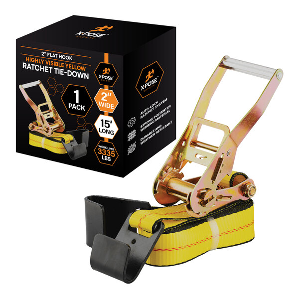 A yellow heavy-duty ratcheting tie down strap with flat hooks, packaged in a box labeled Xpose Safety.