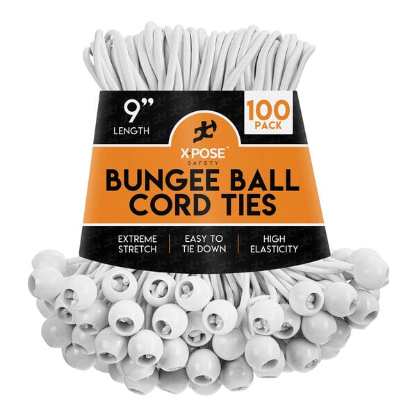 A pack of 100 white Xpose Safety bungee ball cords with ties.