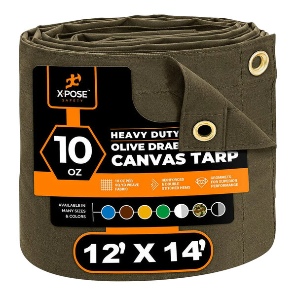 An olive drab roll of Xpose Safety heavy-duty poly canvas tarp.