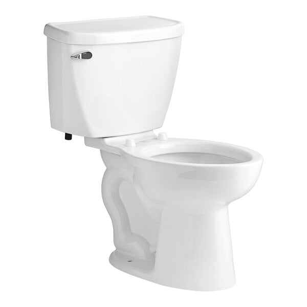 An American Standard white floor-mount toilet with a lid on top.