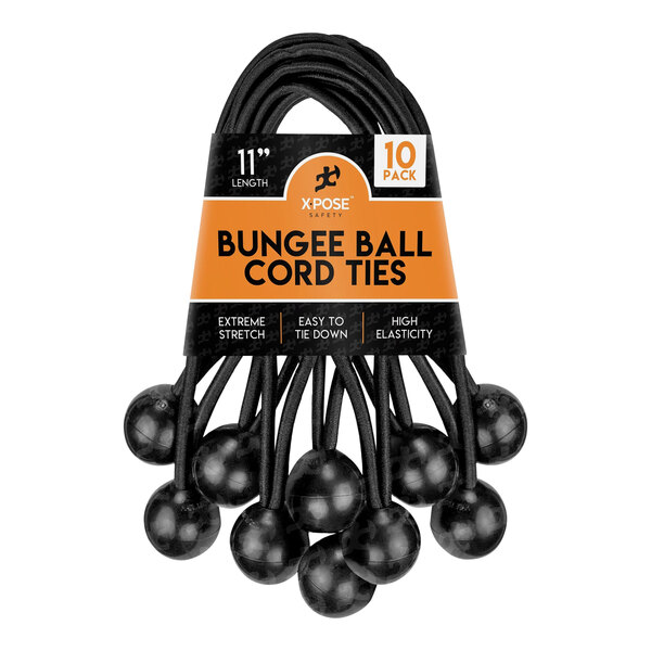 A bundle of 10 black Xpose Safety bungee ball cords with black balls.