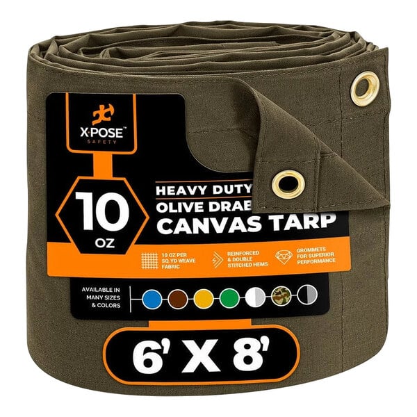 A roll of olive drab heavy-duty canvas tarp with fabric ties.