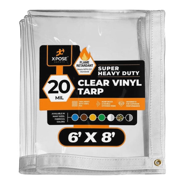 A clear Xpose Safety clear vinyl tarp with white labels.