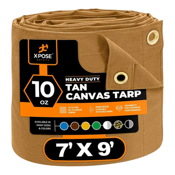 A roll of tan heavy-duty poly canvas tarp with brown packaging.