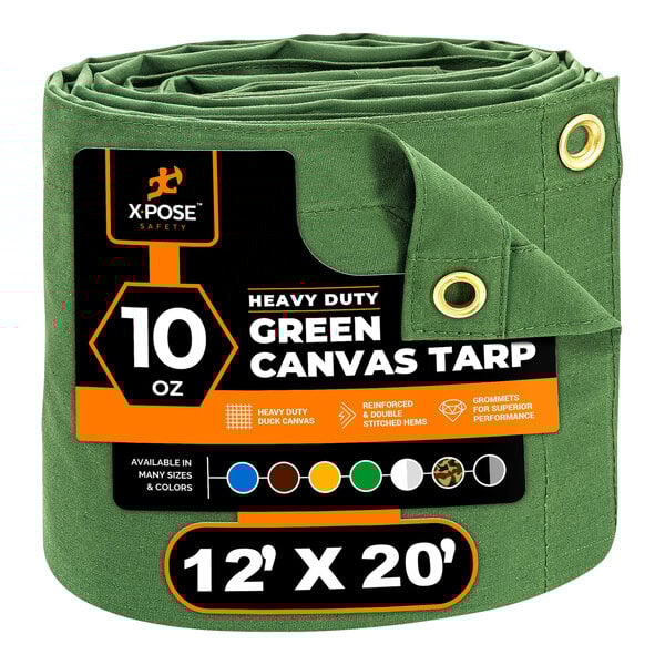 A roll of green Xpose Safety heavy-duty poly canvas tarp with a label.