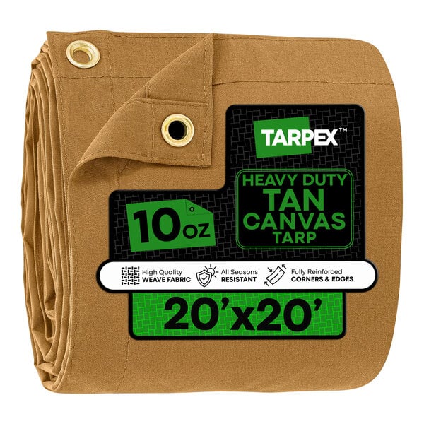 Tarpex 20' x 20' Tan Heavy-Duty Weatherproof 10 oz. Poly Canvas Tarp CTT10-TA-2020