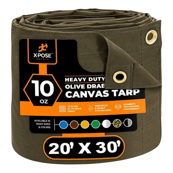 An olive drab Xpose Safety heavy-duty canvas tarp in a package.