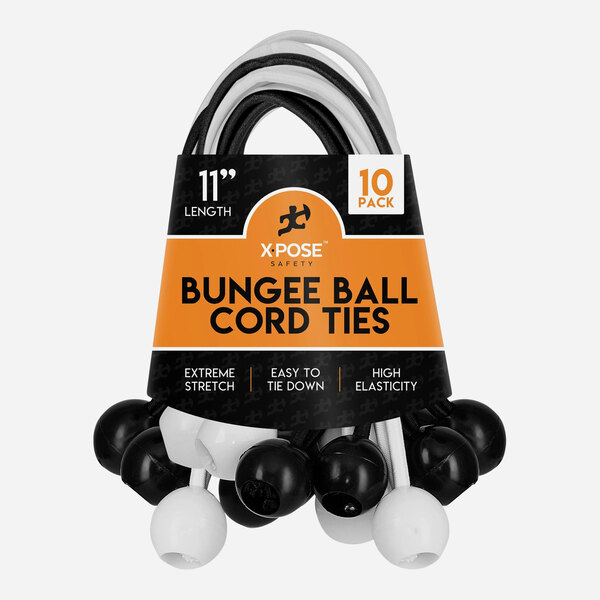 A pack of 10 Xpose Safety black and white bungee ball cords with black balls.