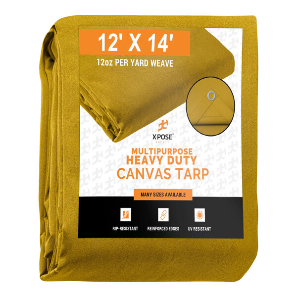 A tan canvas tarp with white text that reads "Xpose Safety"