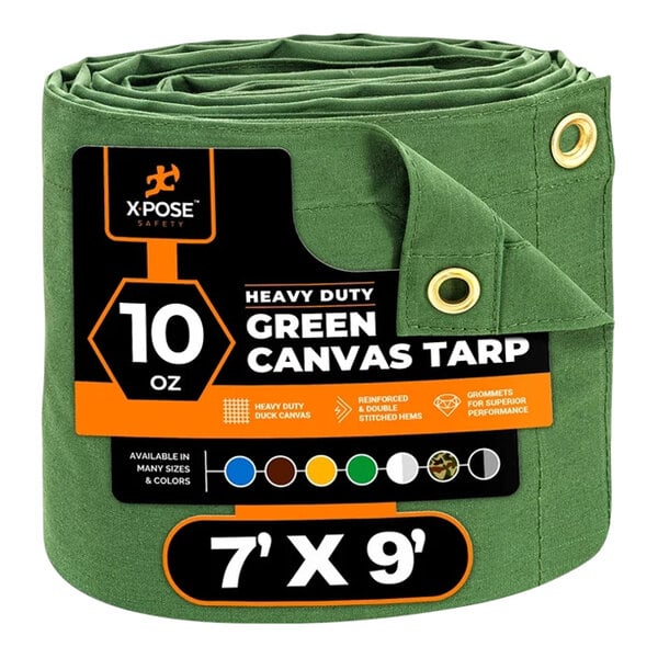 A roll of green Xpose Safety heavy-duty poly canvas tarp with a label.