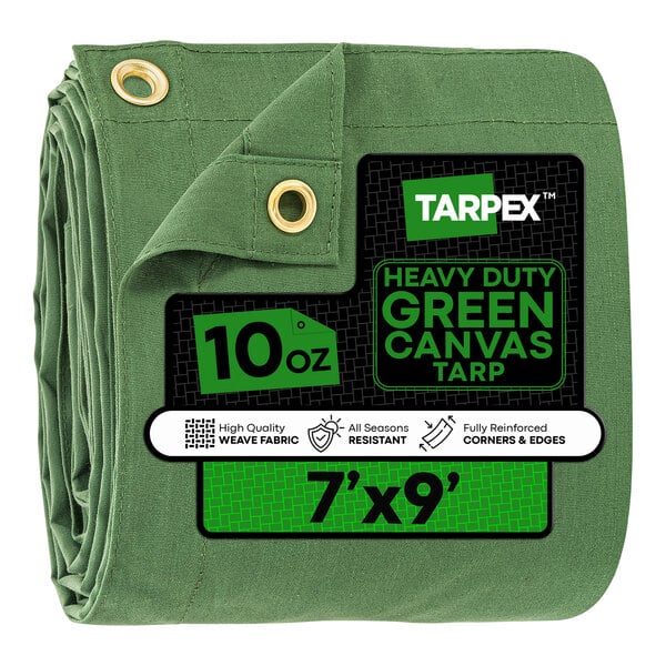 A green heavy-duty 7' x 9' canvas tarp with reinforced corners and brass grommets.