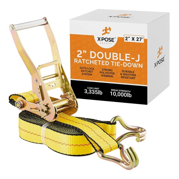 A yellow Xpose Safety ratcheting tie down strap with double J-hooks.
