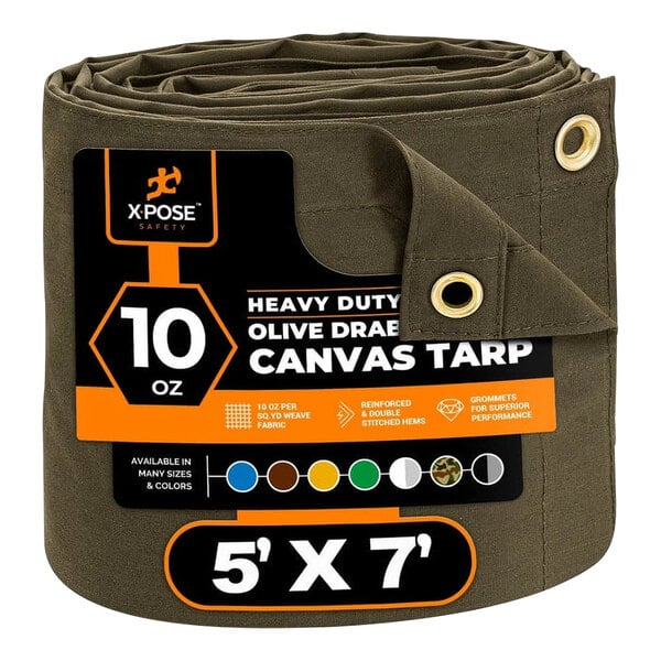 An olive green roll of Xpose Safety heavy-duty poly canvas tarp.