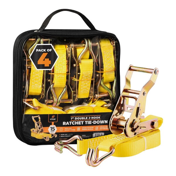 A 4 pack of yellow Xpose Safety ratcheting tie down straps in a black bag.
