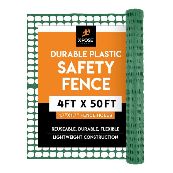 A roll of green plastic Xpose Safety fence with white text.