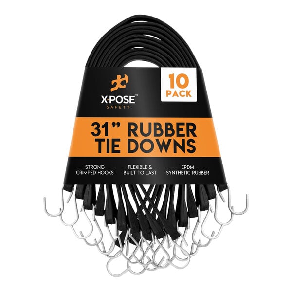 A pack of 10 black Xpose rubber tie down bungee cords with hooks.