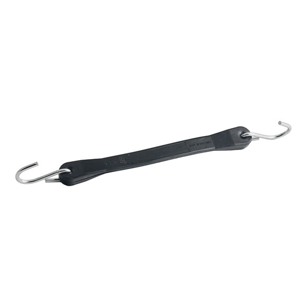 A black heavy-duty rubber bungee cord with metal hooks on each end.
