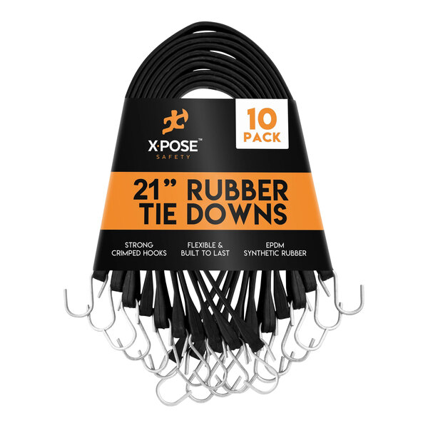 A close up of a black Xpose Safety heavy-duty rubber tie down with hooks.